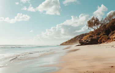 Beach Sea Ocean Coast at Summer with Golden Sand. In the style of Byron Bay, Australia (generated)