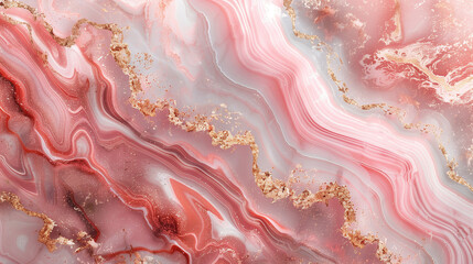 Obraz premium Abstract art featuring pink and gold marble patterns with fluid textures and sparkling accents, perfect for modern design projects.