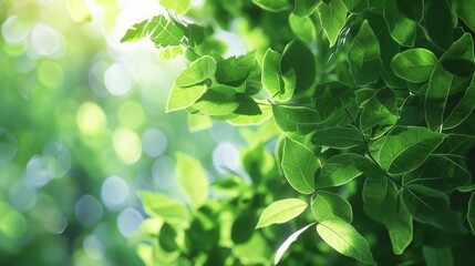 Obraz premium Close-up photo of green leafy tree bokeh forest background Environmentally friendly theme High quality photography, leaves in the air, summer atmosphere.