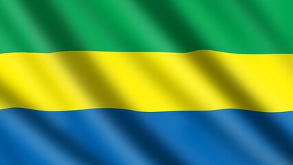 Wavy and flowy national flag of Gabon also known as Gabonese Republic. Tricolour flag of horizontal green, yellow, and blue bands. 