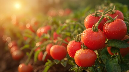 Ripe tomatoes glisten with morning dew on the vine, showcasing vibrant reds against a backdrop of lush green leaves.