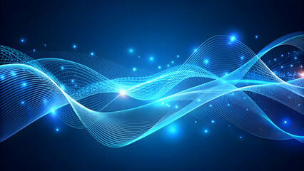 Abstract blue tech background with digital waves, dynamic network system, artificial neural connections, cyber quantum computing and electronic global intelligence