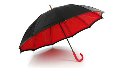 Elegant black umbrella with a red interior, isolated on white