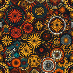 Seamless pattern of colorful shapes with broad brush strokes, featuring vibrant African ornaments. Ideal for textiles, decor, and cultural designs