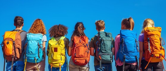 A back view of a group of friends with colorful backpacks gazing up at a clear blue sky