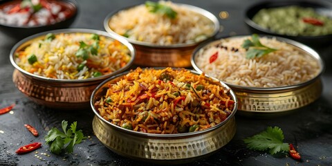 Fototapeta premium Golden Bowls A Delectable Assortment of Indian Biryanis and Rice Dishes. Concept Indian Cuisine, Biryani Dishes, Rice Varieties, Golden Bowls, Delectable Assortment
