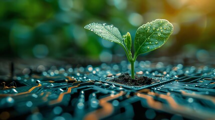 A Concept of green technology with a young plant sprouting from a circuit board amidst electronic pathways