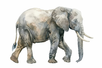 Fototapeta premium African elephant walking gracefully in watercolor on white background, detailed trunk and tusks, creating tranquil wonder for nature lovers