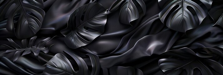 Obraz premium With silk textures, tropical black leaves showcase a luxurious appearance, their deep hues and smooth surfaces creating a striking contrast against vibrant greenery in tropical landscapes, banner
