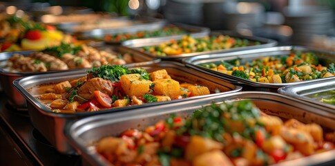 Fototapeta premium Indoor Catering Buffet: Group of People Enjoying Grilled Meat in Restaurant. Buffet Service for Festive Events, Parties, or Wedding Receptions.
