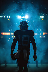 Naklejka premium A powerful silhouette of an American football player against bright stadium lights, evoking focus and determination