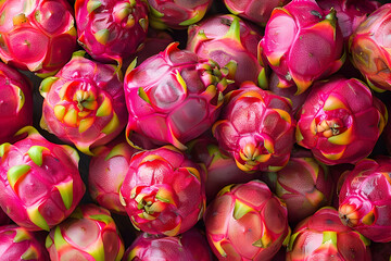 A vibrant collection of dragon fruits, showcasing their vivid pink and green hues, stacked closely together in an appealing arrangement.