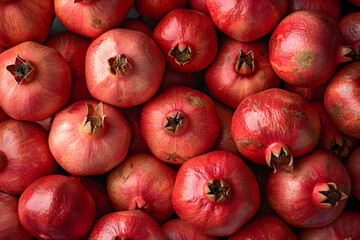 A vibrant pile of fresh, ripe pomegranates showcasing their deep red color and textured skin, perfect for healthy eating and natural food themes.