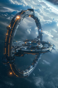 An Advanced space station with a ring structure orbiting in deep space, showcasing human engineering and exploration