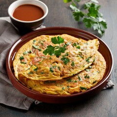Indian spiced food egg masala omelet with red sauce