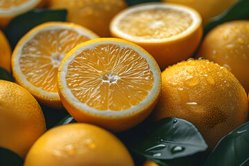 Close-up of fresh oranges with dewdrops on leaves, showcasing vibrant and juicy citrus fruits, ideal for healthy eating and freshness concepts.