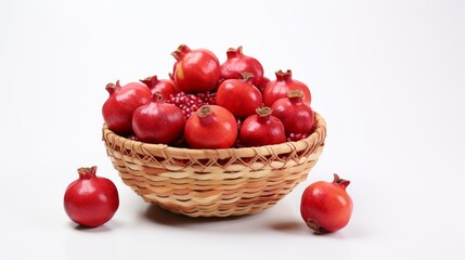 Basket filled with colorful pomegranates set against white background.