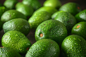 Fresh green avocados with water droplets on a dark background, highlighting their textured skin and vibrant color. Healthy and nutritious fruit.