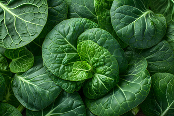 Obraz premium Fresh green spinach leaves forming a lush, vibrant texture. Perfect for healthy eating, vegetarian, and vegan recipes.