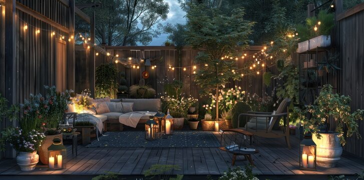 Outdoor garden party with string lights and lush plants