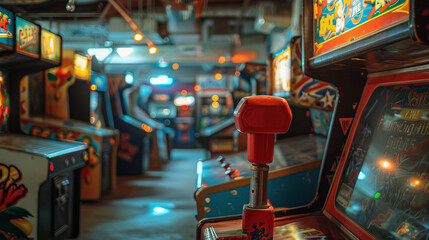 An old arcade with vintage video games. A red joystick is in the foreground, with other arcade machines in the background.