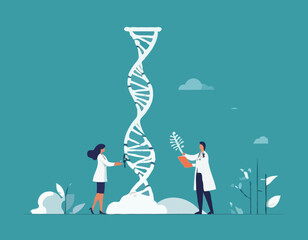 Tiny Female Character Carry Huge Human Dna Spiral Model. Doctor Conduct Laboratory Genetics Research Medicine Testing