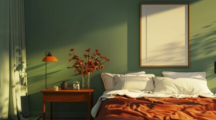 A modern bedroom with green walls, an orange lamp, and natural light streaming in. The bed has white linens and a burnt orange comforter