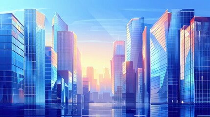 Obraz premium Modern skyscrapers line a bright urban avenue with blue and orange light flares, offering clean copy space for forward-thinking advertising concepts.
