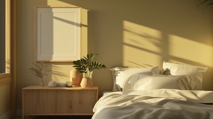 A made bed with white linens and pillows, bathed in the warm glow of sunlight streaming through a window