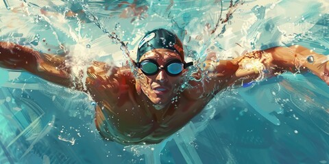 a image of a man swimming in a pool with goggles on
