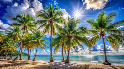 Obraz premium Serenely majestic blue sky with vibrant palm trees stretching upwards, set against a warm tropical beach background, evoking summer's idyllic tranquility.