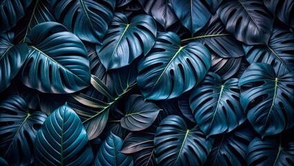 Dark abstract black leaves scattered on a flat surface, evoking a mysterious tropical ambiance, with intricate veins and shapes, suggestive of a lush, exotic atmosphere.