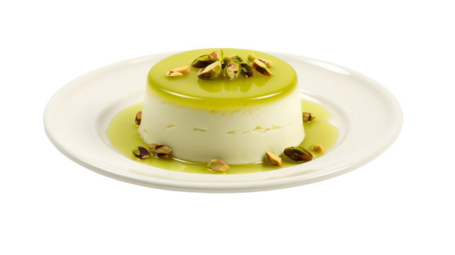 Pistachio Pannacotta Dessert on Plate, Italian Gourmet Cuisine, Creamy Sweet Delicacy, Transparent Background Food Photography