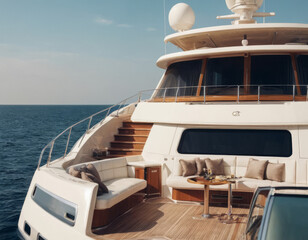 Fototapeta premium Uno yacht di lusso con ponti multipli e un'area relax all'aperto con vista sul mare. 
