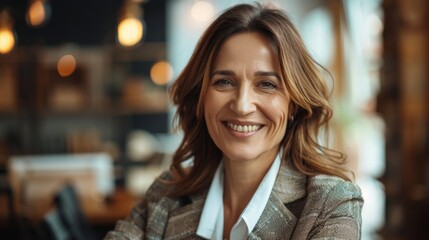 Obraz premium portrait of a smiling confident middle-aged Caucasian business woman in a business suit looking at the camera while in the office