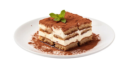 Delicious Italian Tiramisu Cake on White Plate Isolated on Transparent Background, Sweet Dessert with Coffee Flavor, Perfect Gourmet Pastry for Indulgence and Cafe Menus
