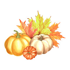 Pumpkins with yellow maple leaves. Autumn composition. Hand drawn watercolor illustration, isolated. Thanksgiving traditional vegetables. Template for invitation, card, Halloween, wrapping, embroidery