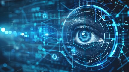 Naklejka premium Closeup digital eye vision technology hologram sensor. AI generated