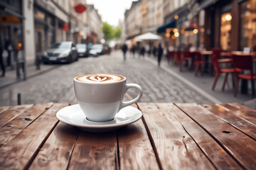 Coffee cup on the wooden table at the street cafe