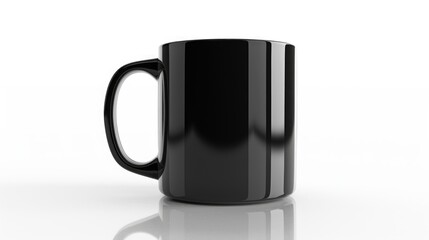 Black plastic coffee mug isolated on white background with reflection