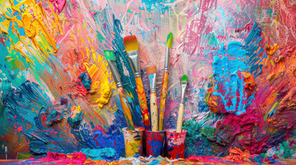 Bright paints and brushes are displayed on a colorful backdrop.