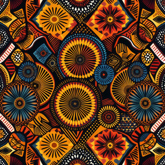 Seamless pattern of colorful shapes with broad brush strokes, featuring vibrant African ornaments. Ideal for textiles, decor, and cultural designs