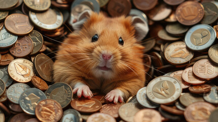 Hamster lies in a large number of coins