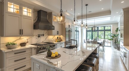 Elegant American kitchen with minimalist white cabinets and marble countertops