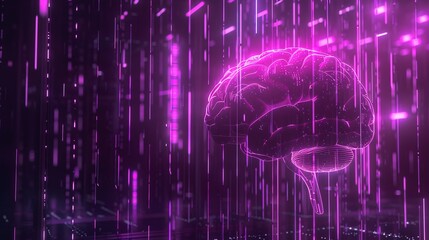 Shows a glowing human brain against a dark purple neon vertical background, symbolizing artificial intelligence in a futuristic style.