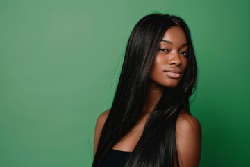 Naklejka premium Natural, black woman female and hair care with beauty, green Isolated studio background with copy space. Afro, hairstyle and African model salon haircare treatment skincare
