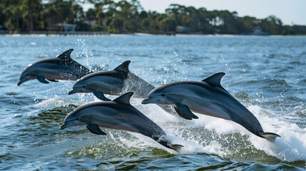 Four beautiful dolphins jump out of the water during the day