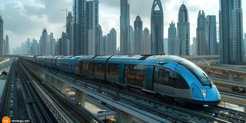 Fototapeta premium Modern Train Travelling Through a Cityscape