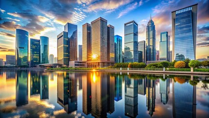 Obraz premium Modern cityscape with sleek glass buildings reflects prosperity, fortune, and entrepreneurship, conveying economic growth, financial success, and strategic market performance in urban landscape.