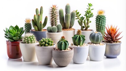 Diverse assortment of small, ornate cacti and succulents arranged artfully in sleek, modern ceramic vases, isolated on transparent background, exuding nordic chic.